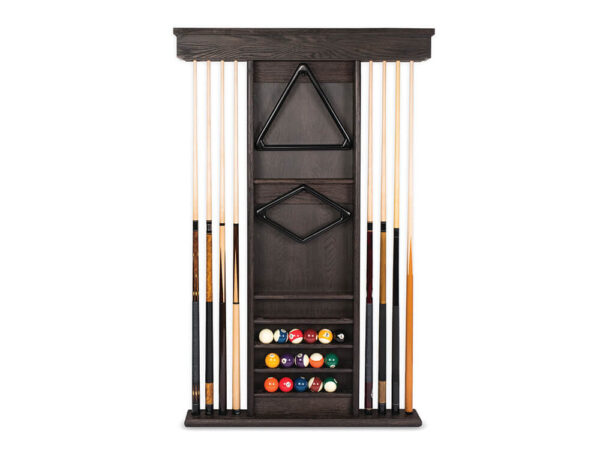Cue Rack with cues and pool balls